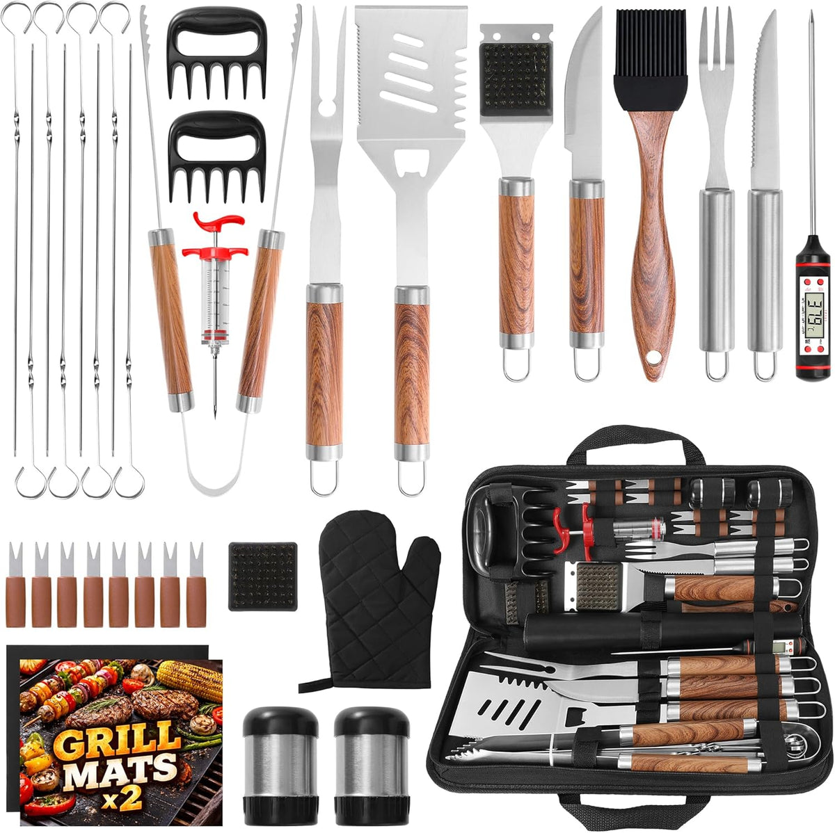 Kaluns 35PC BBQ Grill Tools Set - Heavy Duty Stainless Steel Grill Accessories Kit with Case, Meat Thermometer, Injector, Claws & Mats - Christmas Gift for Dad, Men