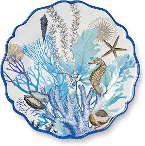 Blue Lagoon Melamine Dinner Plates Set of 4  11" Coastal Blues and Coral White Design, Perfect for Indoor and Outdoor Dining, BPA-Free and Dishwasher Safe