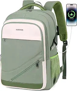 FENGDONG Durable Waterproof Travel Laptop Backpack 17.3 inch,Large College Backpack Bookbag for Men & Women Business Backpack with USB Charging Port and Headset Port Green Beige