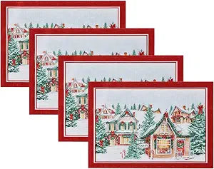 Storybook Christmas Village Holiday Placemat Set of 4, Multicolor - 13" W x 19" L