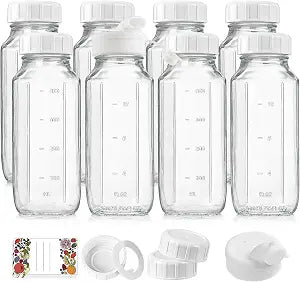 Syntic 8 Pack 16 Oz Glass Milk Bottles with Lids,2 Pour Spouts & Extra Lids