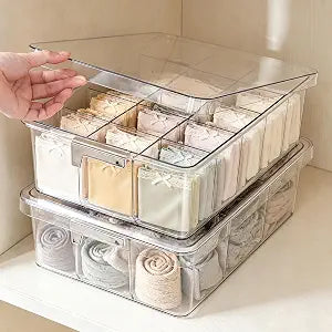 Socks Bra Underwear Drawer Organizer for Closet, 2 PCS Plastic Storage Box with 15 Removable Compartments and Lid, Clear Dresser Drawer Organizer Storage Container with Dividers for Sock Ties Belts