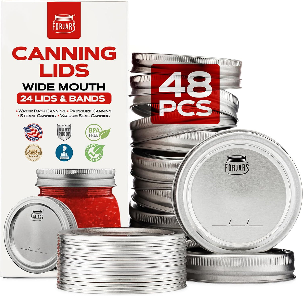 FORJARS Wide Mouth Canning Lids and Rings - 48 Pcs / 24 Sets - Airtight Seals on Mason Jars to Preserve Food for Meal Prep - 2.7 In. Stainless Steel and Bands with Silicone Seals - Canning Supplies