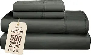 Casa Platino Bed Sheets Twin, 4 Piece Silky Sateen Sheets with 500 Thread Count 100% Cotton, 15 Inch Deep Pocket Fitted Sheet for Twin Beds, Buttery Soft Feel and Everyday Comfort ��� Dark Grey