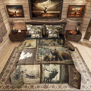Erosebridal Grizzly Bear Deer Plaid 7 Piece Twin Comforter Set, Rustic