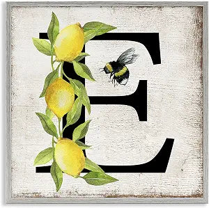 Lemon Bee Letter Farmhouse Charm, 12 x 12 Inch Framed Gicle Print