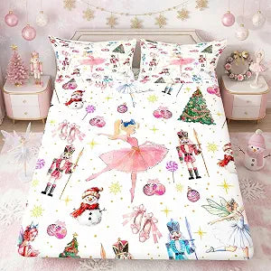 Erosebridal Christmas Nutcracker Twin Fitted Sheet,Cute Snowman Xmas Tree Bedding Set Gifts for Kids Girls Boys,Christmas Ornaments Bottom Sheets Pink Ballet Shoes Bed Set 2Pcs
