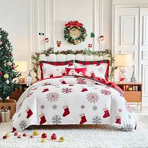 UOZZI BEDDING Christmas White Duvet Cover Set Queen Size 3 Pieces with Red Gray Snowflake and X-mas Gift Socks Holiday Style for New Year Gift Decor Choice with 2 Pillow Shams Corner Ties and Zipper