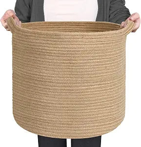MEGASKET Large Wicker Storage Basket, 16" x 14" Jute Woven Basket with Handle, Living Room Blanket Storage, Big Wicker Laundry Basket, Kids Toy Bin Box Organizer, Decorative Round Baskets for Decor