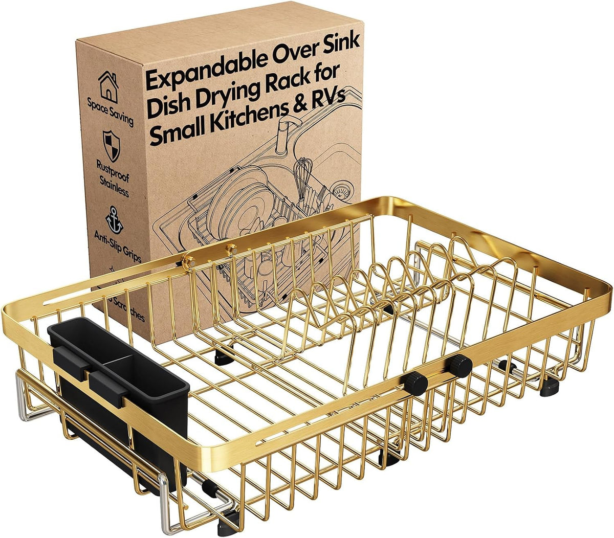 MAJALiS Gold Expandable Dish Drying Rack Over The Sink with Anti Slip Grip