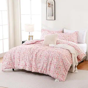 Yibeizi Queen Comforter Set, Lightweight Summer Bedding Comforter Sets, Pink Floral Cute Patterned Soft Breathable All-Season Comforters with 2 Pillow Shams