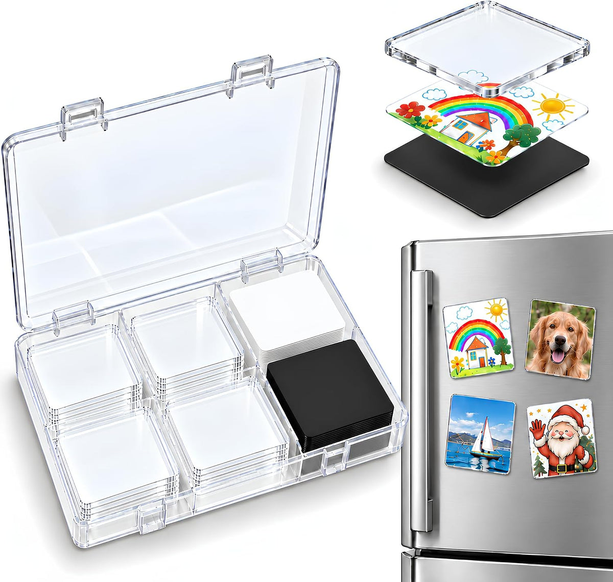 DIY Fridge Magnet Kit, 20 Pack, 2 x 2 Inch Clear Acrylic Photo Magnets