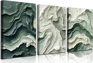 3pcs Abstract Texture Canvas Wall Art Neutral Green And Beige Wall Decor Pictures Modern Minimalist Green Wave Posters Prints Paintings for Living Room Bedroom Office Furniture Decoration