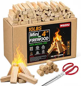 Mini Fire Stick Kit with Fire Starter & Tongs, 4'' Kiln-Dried Pine Firewood
