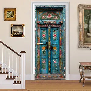 BVBOX 3D Door Stickers, Peel and Stick Vinyl Wallpaper Self-Adhesive Mural for Home Decor 30.3" W x 78.7" H (Floral Blue Door, 30.3" W x 78.7" H)