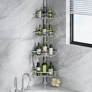 LAMU Corner Shower Caddy Tension Pole, 4-Tier Stainless Steel Organizer