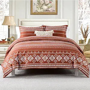 CozyDH Boho Duvet Cover Queen Size, Burnt Orange Aztec Tribal, 100% Cotton