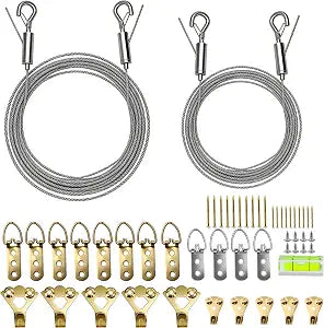 Heavy Duty Picture Hanging Wire Kit - Supports Up to 100lbs/50lbs, Includes D-Rings, Screws, Hanging Hooks, Level & 50+ Feet Stainless Steel Wire for Frames, Mirrors, Canvas Paintings