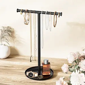 Necklace Organizer Stand with Storage Tray, T-Shaped Jewelry Holder.