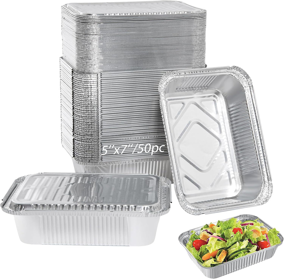 Aluminum Foil Pans with Foil Lids - 50 Pack, 7"x5", 1.5 LB Capacity, Disposable Containers for Baking, Meal Prep, Freezer Storage & Takeout. (50)