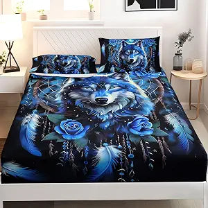 AILONEN Wolf Dreamcatcher Fitted Sheet Set Queen Size,Blue and Black Rose Feather Bed Sheet Set Dreamcatcher Bedding Set,Exotic Wolf Fitted Sheet with 2 Pillowcases,3 Piece