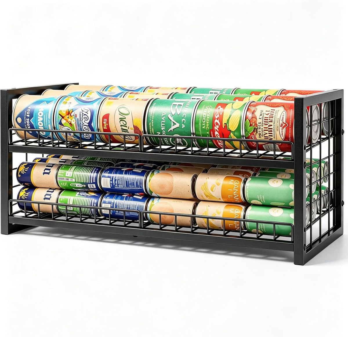 JKsmart 2-Tier Stackable Can Organizer, Extra-Long Can Holders for Pantry Storage, Adjustable Can Dispenser Holds Up to 64 Cans, 12mm Metal Frame, Super Sturdy Racks for Various Canned Food Soda
