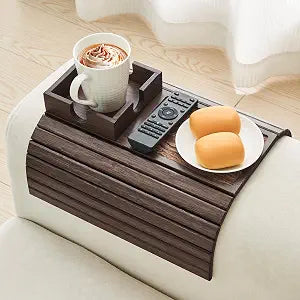 LOVYANXUE Bamboo Sofa Arm Tray Table, Foldable Couch Cup Holder, Anti-Slip Wide Couch Arm Tray Aremrest Table for Drink, Cup, Remote, Snacks, Cellphone, Portable, Brown