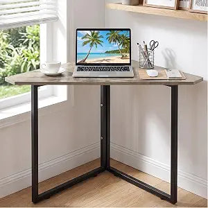 VECELO Corner Desk,Office Tables for Living Room for Small Space Triangle Computer Desk with Steel Frame Corner Shelves with Metal Frame Writing Desk for Workstation Classic Grey 30.7"
