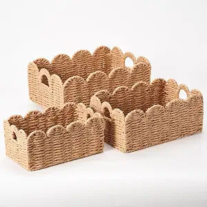 Scalloped Wicker Baskets Set of 3, Hand-Woven Storage with Handles