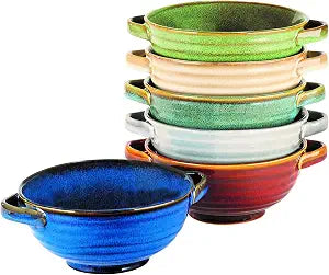 Artisan Stoneware Soup Crocks with Handles, Set of 6  20oz Colorful Reactive Glaze Bowls for Chili, Stew, Pasta & Casseroles  Microwave, Oven & Dishwasher Safe Dinnerware