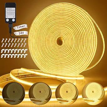 OMIKA 33FT 3200 LED COB LED Strip Lights Plug in Outdoor Waterproof, 2700K 24V Rope Lights Flexible with Self-Adhesive Timer Dimmable for House Garden Camping DIY