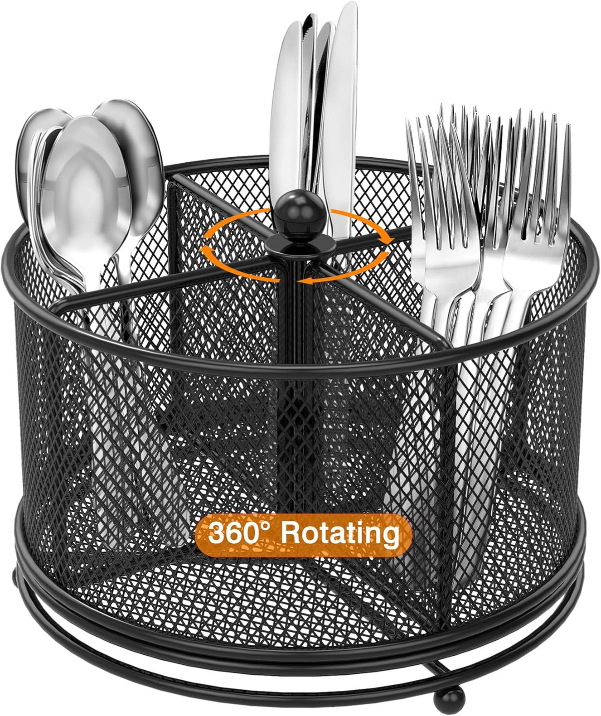 360 Rotating Metal Utensil Caddy, 4 Compartment Silverware Cutlery Holder