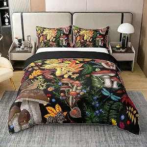 Full Size Duvet Cover Mushroom 100% Pure Cotton Comforter Cover Nature Burgundy Plant Bedding Set with 2 Pillowcases for Teens Adults Wild Botanical Trippy Mushroom Quilt Cover(No Filler)