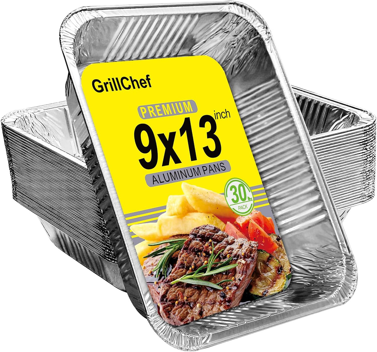 GrillChef 9x13 Aluminum Foil Disposable Pans, Half Size, 30 Pack