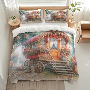 Vintage Floral Gypsy Caravan Designed Duvet Cover Set, 3 Piece Soft Bedding Set (1 Duvet Cover and 2 Pillowcases), Trendy Comforter Cover Set Gift (Fairy Tale Gypsy Caravan, Full (80" x 90"))