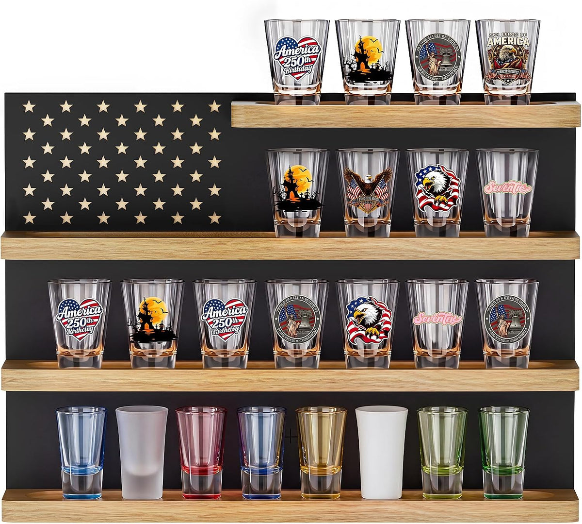 Shot Glass Display Case Wall Mount,30 Slots - Shot Glass Display Shelf with American Flag Star, Solid Wood Shot Glass Holder Organizer for Home Bar, Man Cave, Dining Room, Game Room Decor