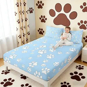 Homewish Dog Paw Print Kids Fitted Sheet Twin Size,Cute Animals Pets Paw Toddler Bedding Set,Girls Boys Adults Room Decor,Cartoon Dog Kawaii Fashion Bed Cover,Blue Lovely Bed Sheet,1 Pillowcase