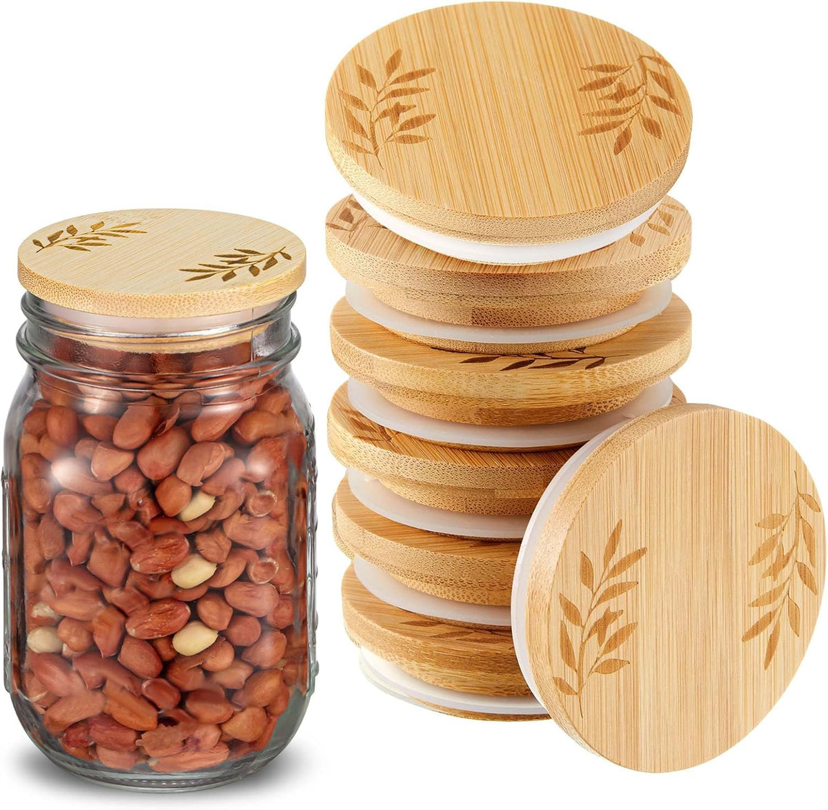 Beeveer 8 Pcs Bamboo Mason Jar Lids Regular Mouth 2.76" Od / 2.2" Id