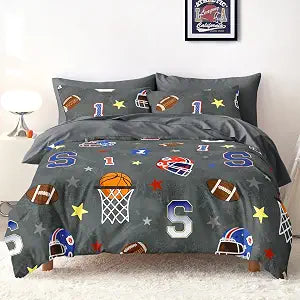 Wake In Cloud - Sports Bedding Set for Boys, Basketball Baseball Athletic Print, Soft Lightweight Comforter Set with Sheets, 5 Pieces Kids Bed in a Bag, Dark Gray, Twin Size