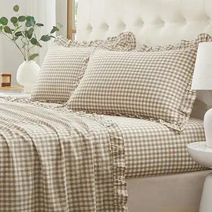 Ruffle Gingham Twin Sheet Set - 3 Piece Taupe Plaid Cotton Bed Sheets Twin Size - 16 Inch Deep Pocket Checkered Ruffled Sheets Farmhouse Decor - Linen-Feel & Breathable