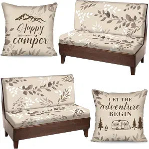 Tiamon RV Dinette Cushion Covers Set - 6 Pcs Camping Theme Cushion Slipcovers for Camper Car Bench Seat Replacement, 2 Pillowcase, 2 Backrest, 2 Bench Cover(Fabric,Beige Leaves)