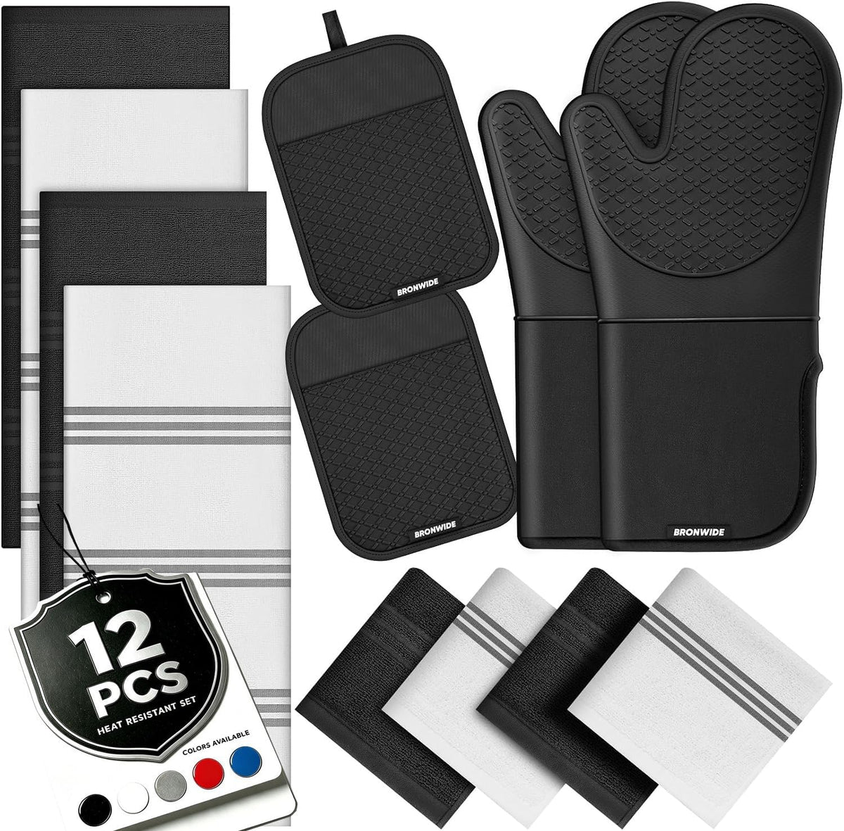 Silicone Oven Mitts and Pot Holders with Kitchen Towels and Dishcloths Sets, Baking Gloves Hot Pads 500F Heat Resistant with Non-Slip Grip Surface, Mitts Set Includes 4 Kitchen Towels/4 Dish Towels