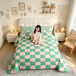 Geometric Plaids Patchwork Kids Comforter Set Full Size,Abstract Grids Checkerboard Bedding Set,Boys Girls Room Decor,Checkered Latticed Modern Down Comforter,Pink Green Duvet Insert,2 Pillowcases