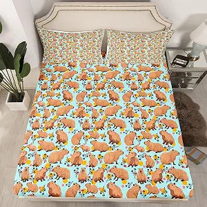 Capybaras Fitted Sheet Queen, Kawaii Capybara Bed Sheets, Cute Cartoon Capybara Rodent Animals Sheets, Botanical Leaves Brown Blue Yellow Polka Dots Room Decor Bed Set for Children