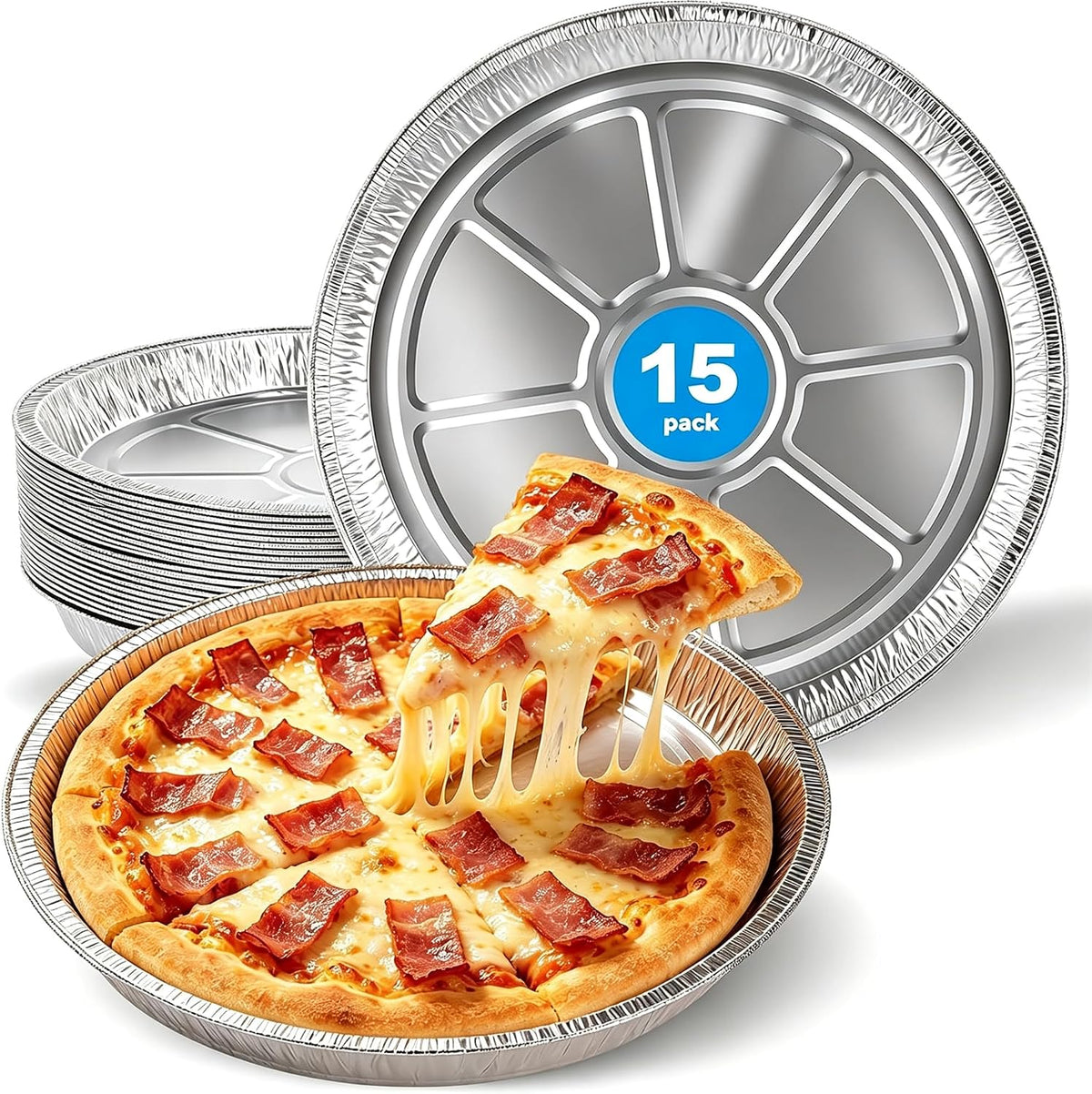 15 Pack Disposable Pizza Pans - 12 Inch Round Aluminum Pizza Pan for Individual Pizzas, Cookies, Cakes, Round Foil Pizza Pans Trays, Large Serving Trays for Pizza, Baking, Catering & Parties