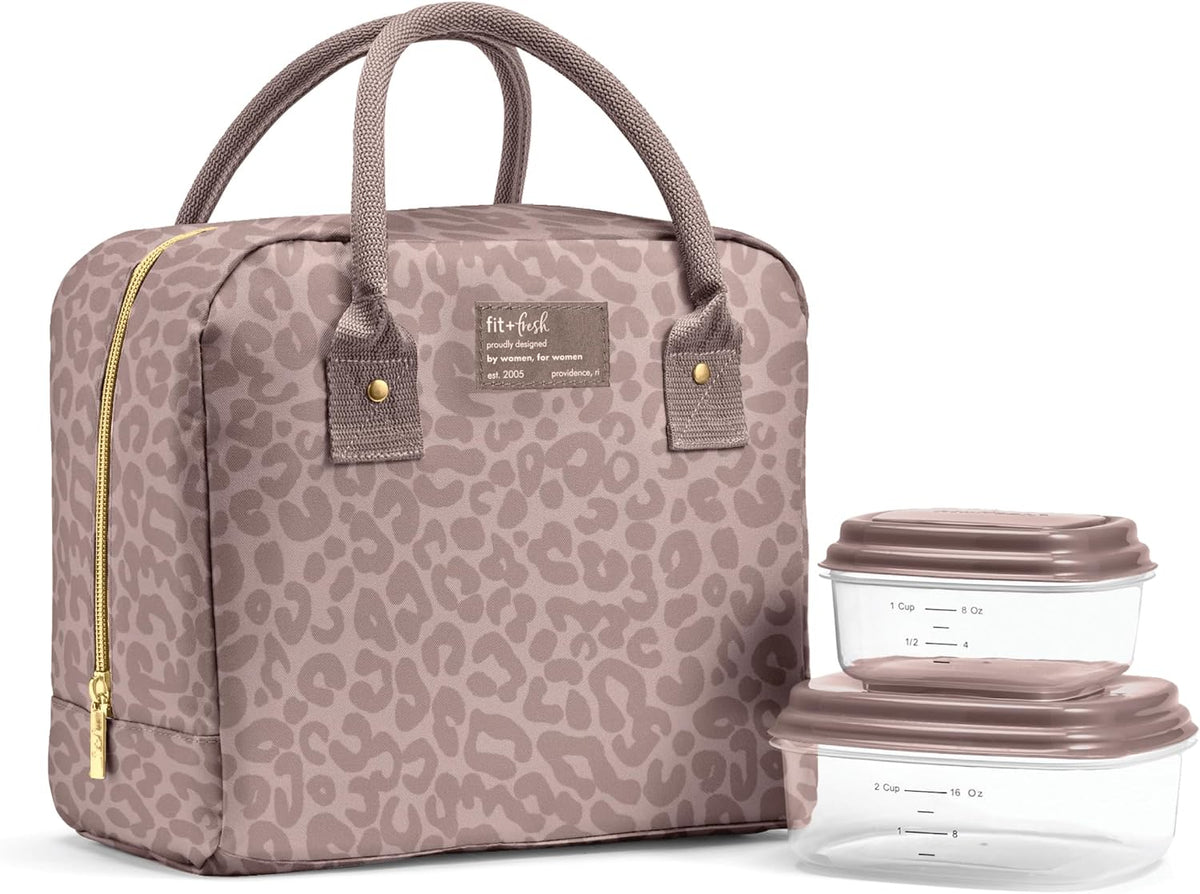 Fit & Fresh Bloomington Lunch Bag for Women - Insulated Large Lunch Box for Work with Containers, Leak-Resistant, Stain-Resistant, Zipper Closure, Mocha Feline Fine