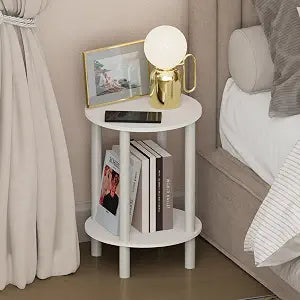 Furinno Turn-N-Tube Night Stand, 2-Tier Round Small Nightstand, Toolless Assembly Narrow End Table with Open Shelf, Side Table, Bedside Table, for Bedroom, Closet, Dorm, White
