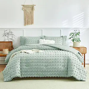 6 Pieces Tufted Dots Bed in a Bag Twin Comforter Set with Sheets Green , Soft and Embroidery Shabby Chic Boho Bohemian Comforters, Solid Color with Pom Pom Design, Jacquard Tufts Bedding Set for Kids