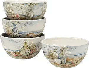 Coastal Landscape 26 oz. Ceramic Ice Cream & Dessert Bowls  Set of 4 Assorted Beach Designs with Starfish & Shells  Ocean-Inspired Bowls for Cereal, Snacks, Fruit & Summer Entertaining