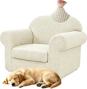 2 Pieces Stretch Chair Cover Slipcover Decorative Couch Cover for Living Room Armchair Washable Furniture Protector Sofa Cover with Individual Seat Cushion for Pets,(Small, Beige)